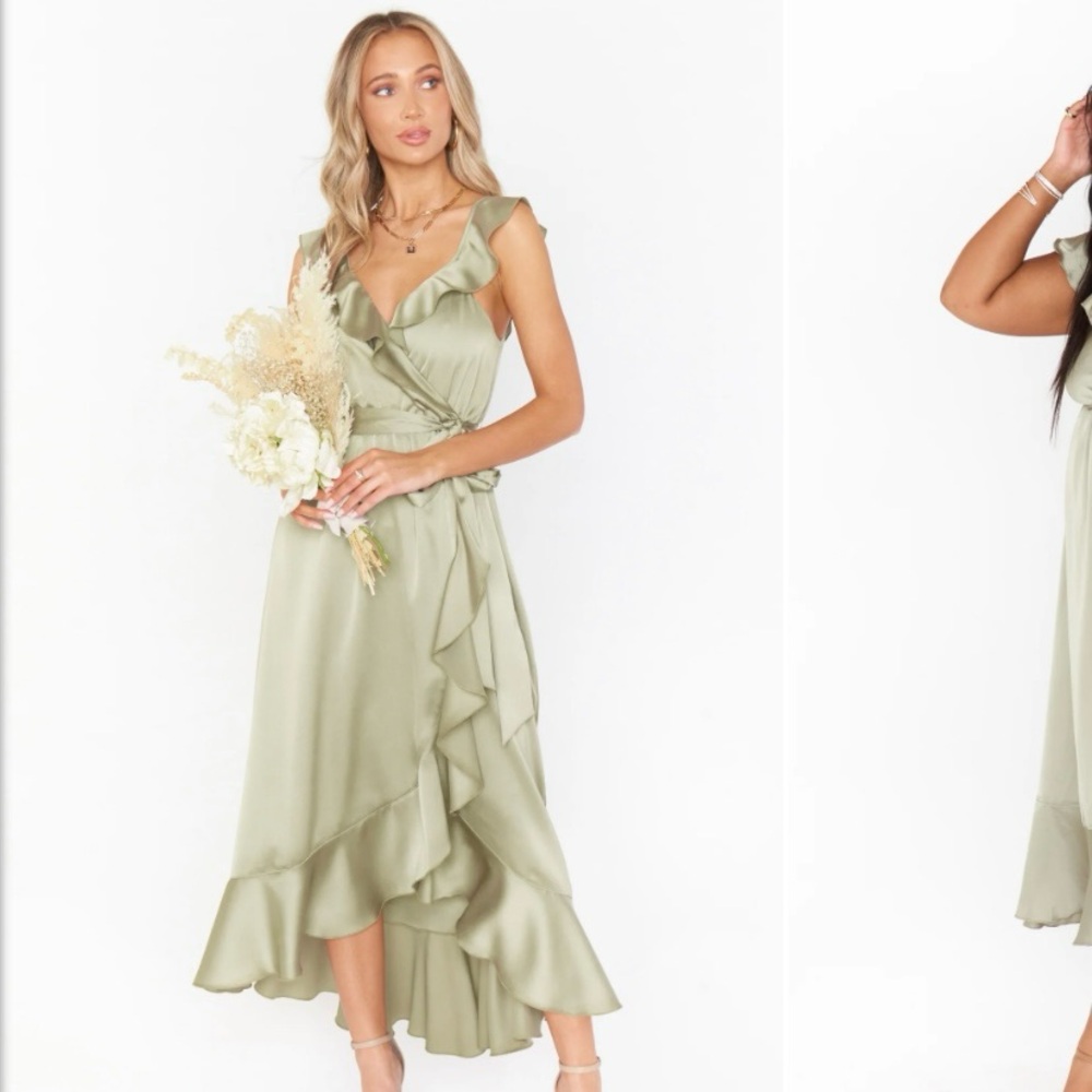 Show Me Your Mumu Sage Green Satin Samantha Ruffle Wrap Dress